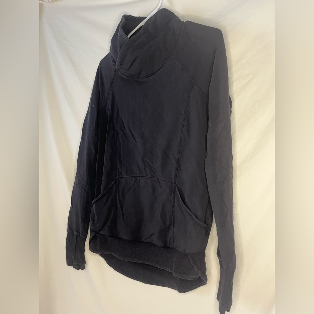 Athleta Cowl Neck Sweater Top charcoal/black ribbed detail kangaroo pocket wm xs - Picture 2 of 6